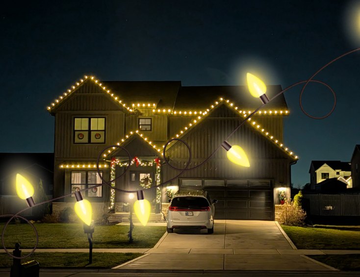A two-story home at night with warm white lights outlining every roofline, garland on the porch columns, and lit walkway stakes.